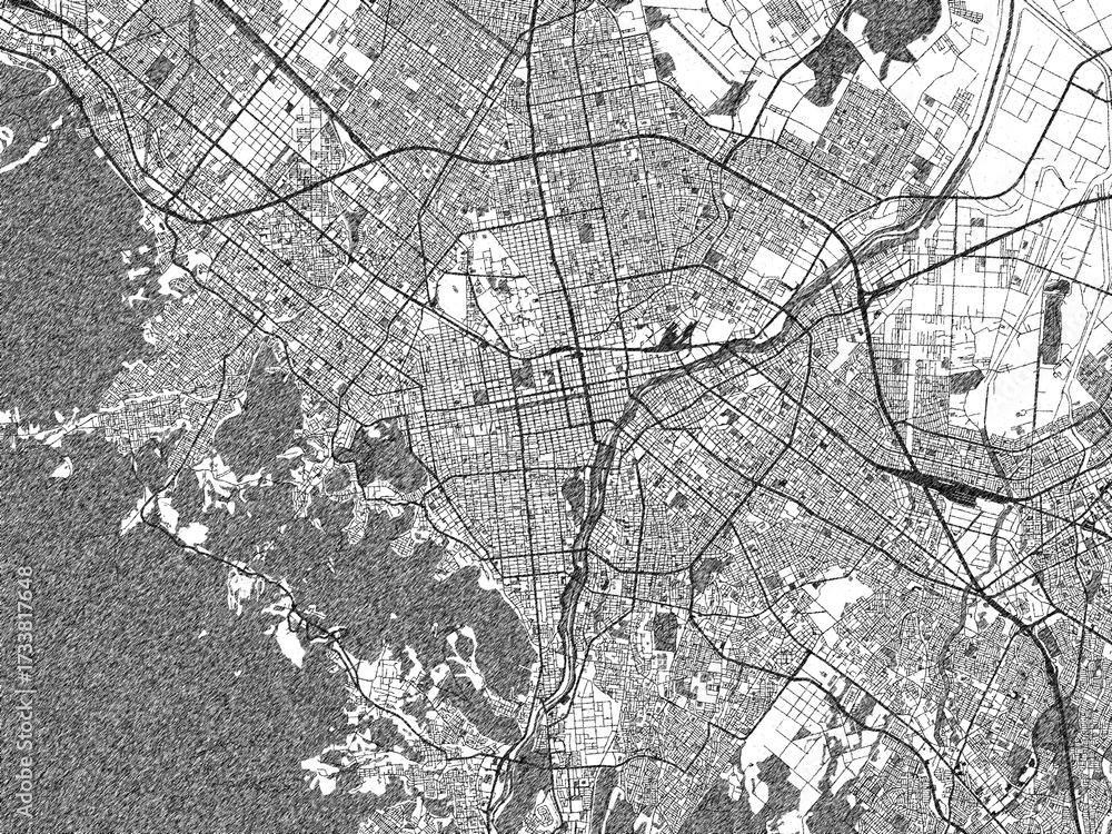 Obraz premium Poster-ready monochrome city map of Sapporo, Japan, with detailed streets and rivers.