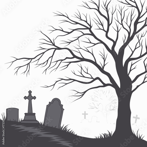 Dark graveyard with bare tree and tombstones in fog