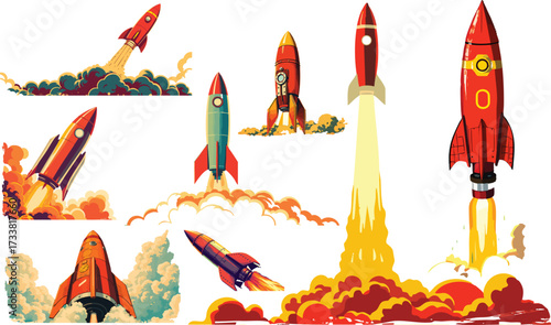 Retro Rocket Vector Illustration Set with Vintage Space Launch and Fire Effect