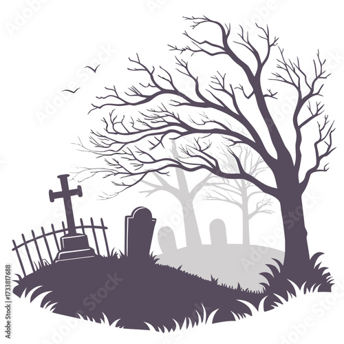 Dark graveyard with tombstones bare trees and fog cemetery