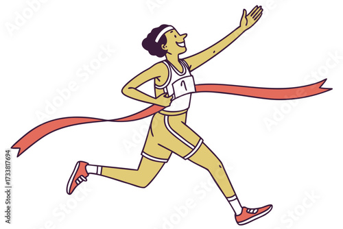 Woman runner crossing finish line with raised arm