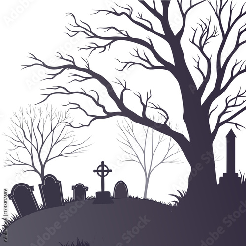 Dark graveyard with bare trees and tombstones vector 1