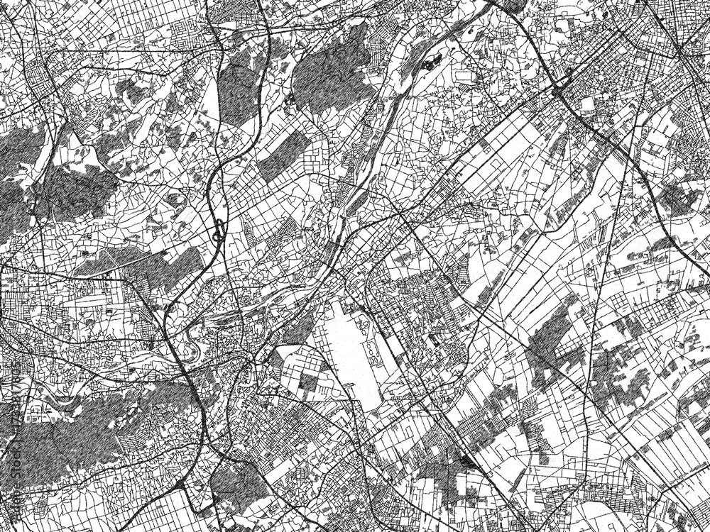 Obraz premium Poster-ready monochrome city map of Sayama, Japan, with detailed streets and rivers.