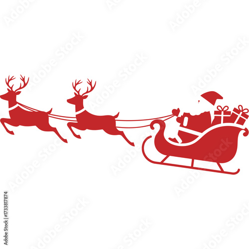 A festive red christmas illustration featuring santa claus in a sleigh pulled by two reindeer on white background silhouette
