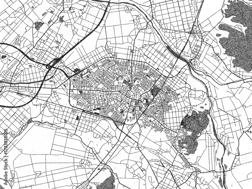 Naklejka premium Black and white illustrated map of Shibata, Japan, with streets, rivers, and neighborhoods.