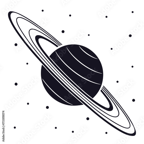 Dark planet with rings and dots on white background
