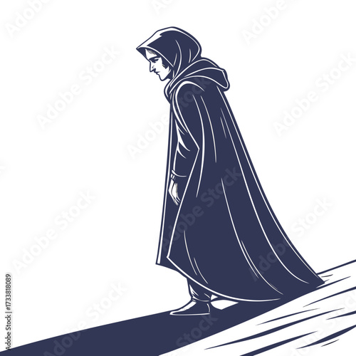 Dark hooded figure with long cloak walking in shadow