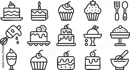 Pastry icons set in outline style with baking tools cakes cupcakes and sweet treat illustrations