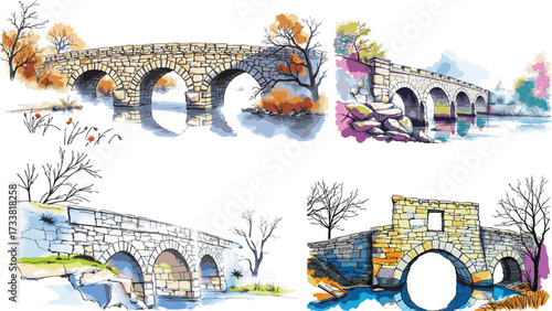 Historic Stone Bridge Vector Illustration with Watercolor Landscape Style