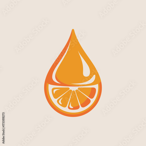orange droplet emblem, citrus slice inside drop, juicy freshness logo, beverage splash idea, pastel background, modern vector design