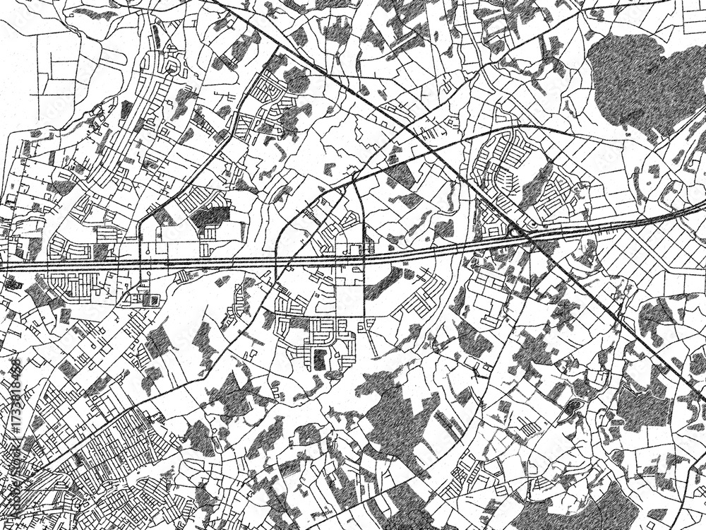 Fototapeta premium Hand-drawn style black and white city map of Shiroi, Japan, with detailed streets and textures.
