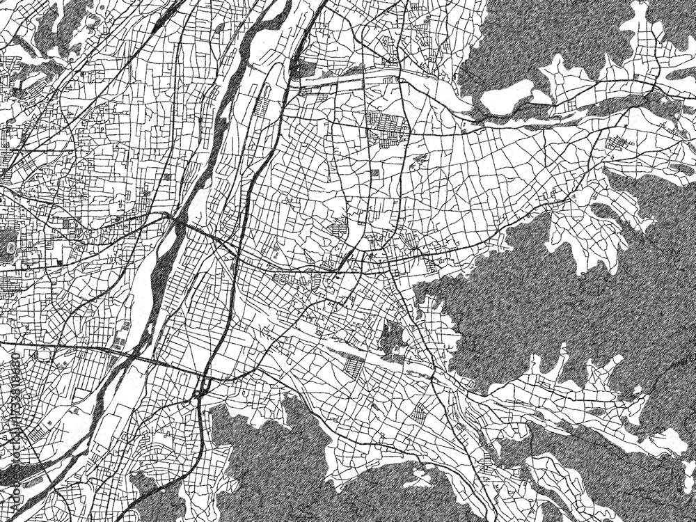Fototapeta premium Black and white cartographic illustration of Suzaka, Japan, in hand-drawn sketch form.