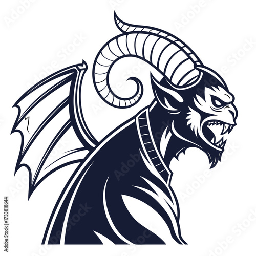 Dark winged demon with ram horns and fangs devil monster