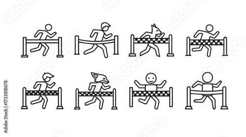 Diverse runners crossing finish line in a set of sports competition icons vector