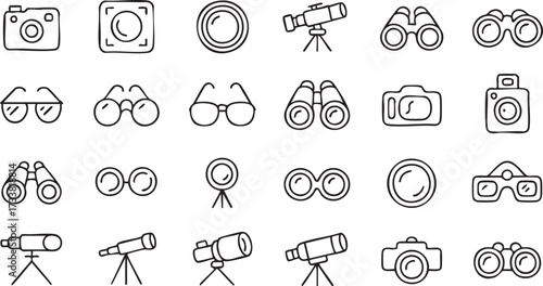 Optical equipment vector icons set with telescope binoculars lenses and surveillance technology