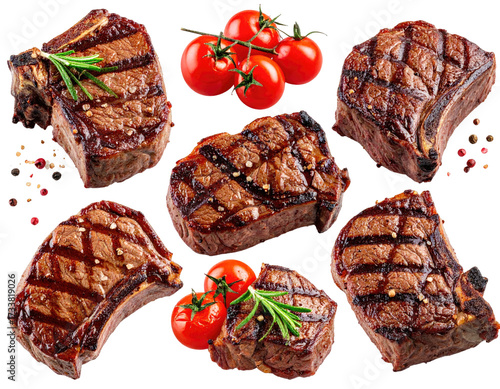 Grilled beef steaks and cherry tomatoes arranged artfully, isolated