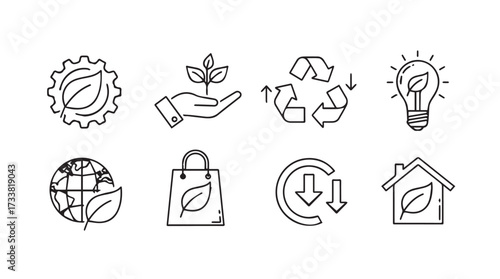Set of eight doodle style eco friendly environment icons for sustainability and green living concepts vector