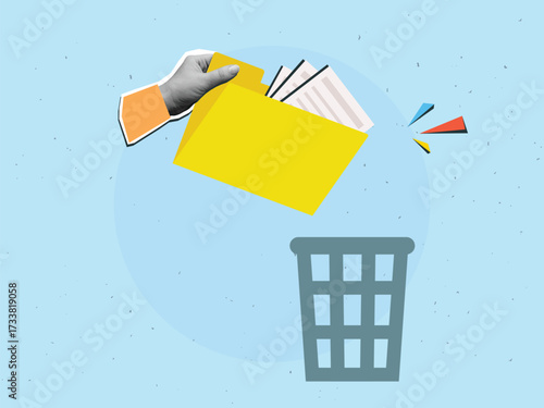 Black and white hand puts yellow folder with documents into trash can. Modern photo collage style. Vector illustration