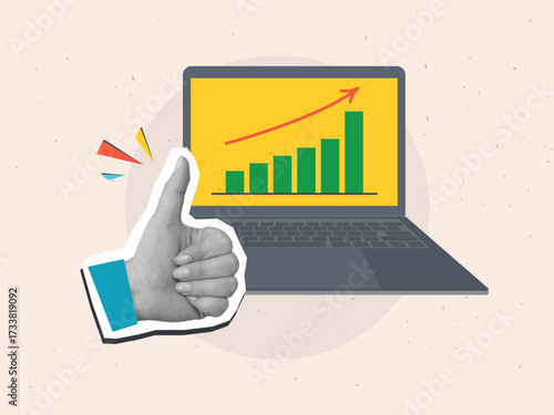 Black and white hand with a thumbs up gesture near a growth chart on a laptop screen. Modern photo collage style. Vector illustration