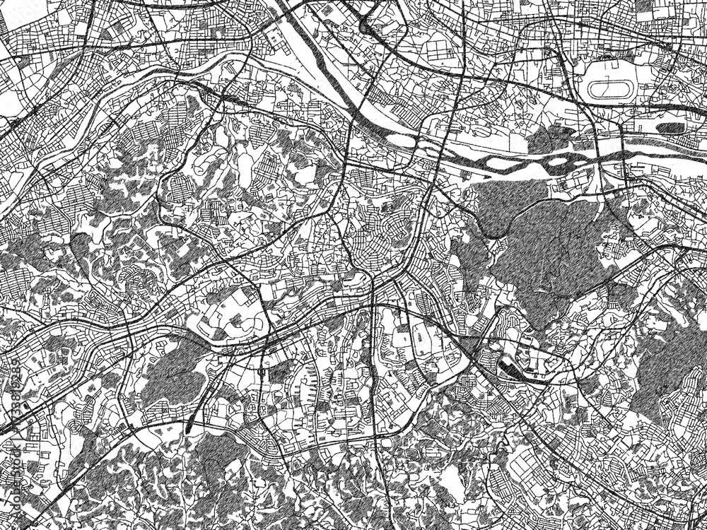 Obraz premium Sketch-style black and white map of Tama, Japan, perfect for illustration and wall art.