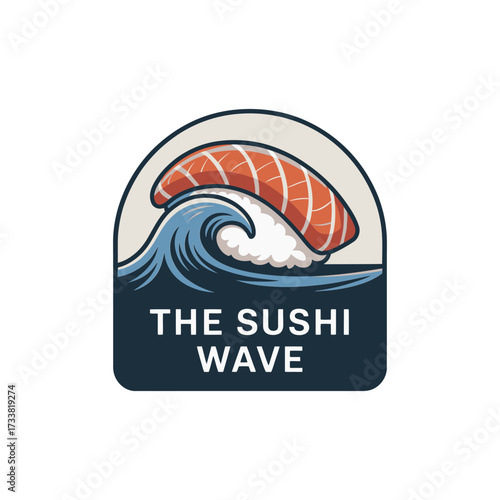 sushi wave badge, crest layout, round icon, blue water, salmon topping, foodie brand, modern logo, vector