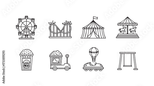 Collection of simple outline icons representing carnival and amusement park attractions and food stalls vector