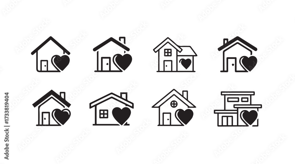 Fototapeta premium Collection of eight hand drawn house icons with hearts symbolizing love and home vector