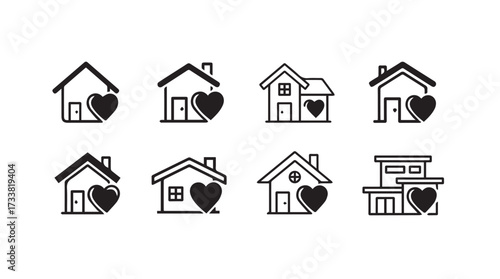 Collection of eight hand drawn house icons with hearts symbolizing love and home vector
