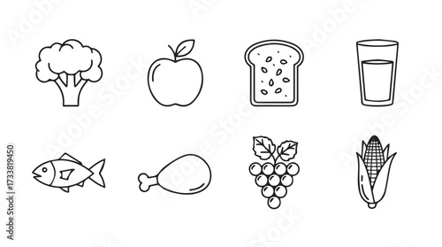 Hand drawn food icons set broccoli apple bread drink fish chicken grapes corn fresh ingredients vector