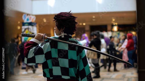 Anime cosplayer wearing a kimono and katana for slaying demons, at anime convention with visitors in background