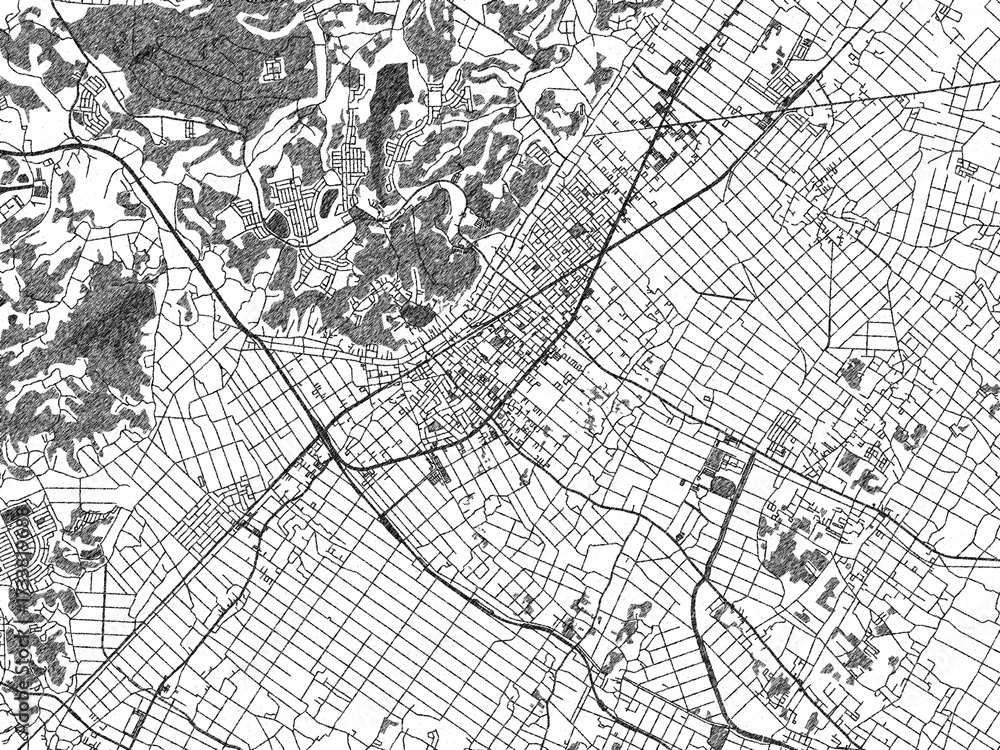 Naklejka premium Detailed black and white map of Togane, Japan, in artistic sketch style.