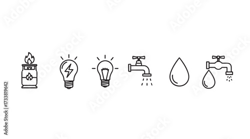 Collection of hand-drawn icons representing energy water and utilities for sustainable living vector