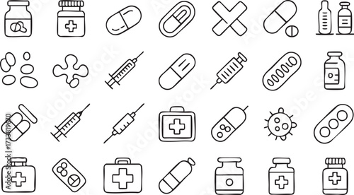 Healthcare line art icons pack with medicine capsules injections and first aid kit illustrations