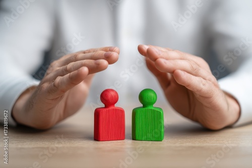 Two hands protectively hover over red and green wooden human figures on a table, symbolizing care, security, and support