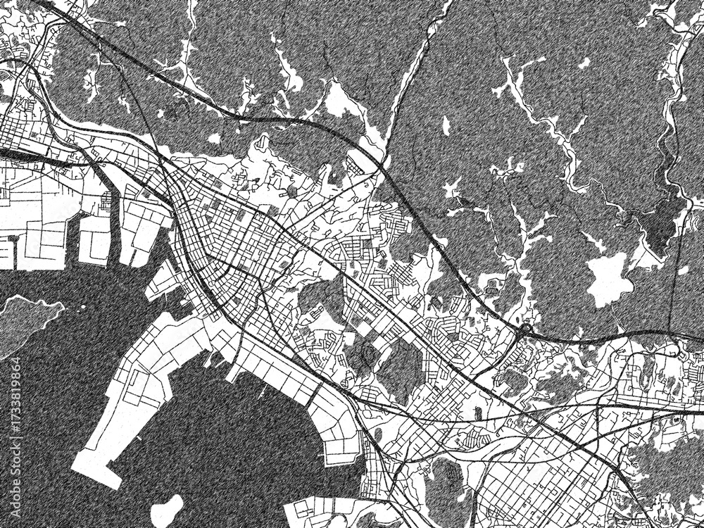 Naklejka premium Illustrated map of Tokuyama, Japan, in black and white hand-drawn digital style.