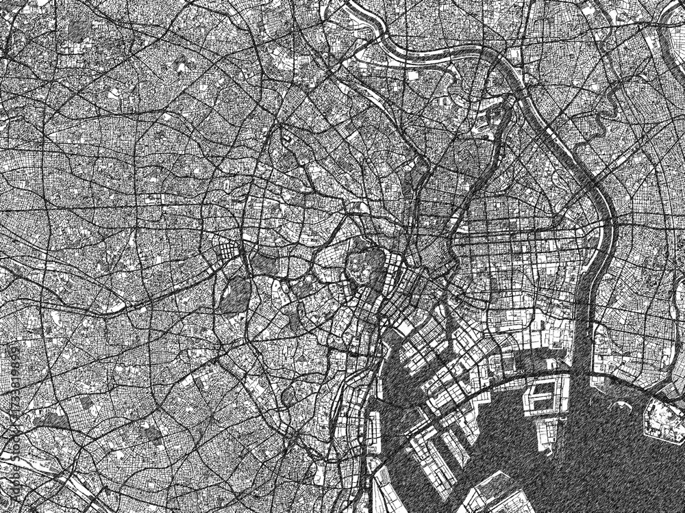 Obraz premium Decorative black and white map of Tokyo, Japan, rendered in sketch-like style.