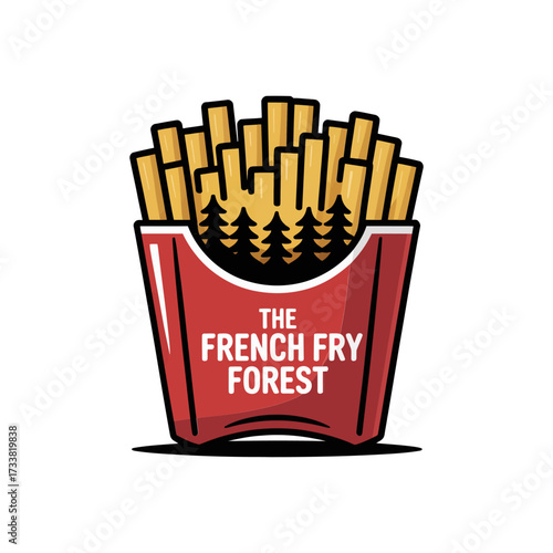 french fry forest badge, red packet, evergreen trees, snack emblem, cafe branding, fun graphic, vector illustration