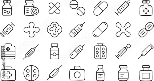 Medical line art icons set with pills syringes bottles and first aid symbols for healthcare pharmacy treatment hospital and medicine design illustrations