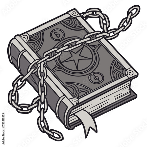 Gray book of spells with chains and star symbol spell book