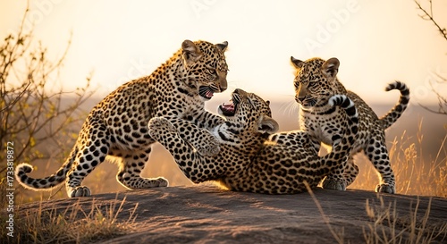 Three Leopard Cubs Playful.