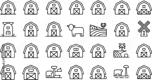 Countryside line art icons collection of barns crops and livestock for rural lifestyle illustrations