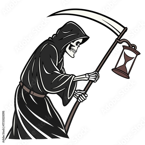 Grim Reaper holding hourglass and scythe death skeleton