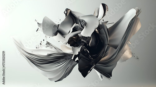 Twisted metallic abstractions with sharp edges in gray, black, and gold tones. Sculptural 3D forms on a light gray background. Futuristic, chaotic, and elegant digital metal compositions.