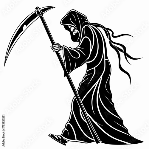 Grim Reaper with Scythe Walking Black and White Vector