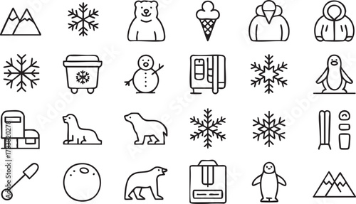 Arctic winter vector line icons pack with snowman mountains ice animals and festive concepts