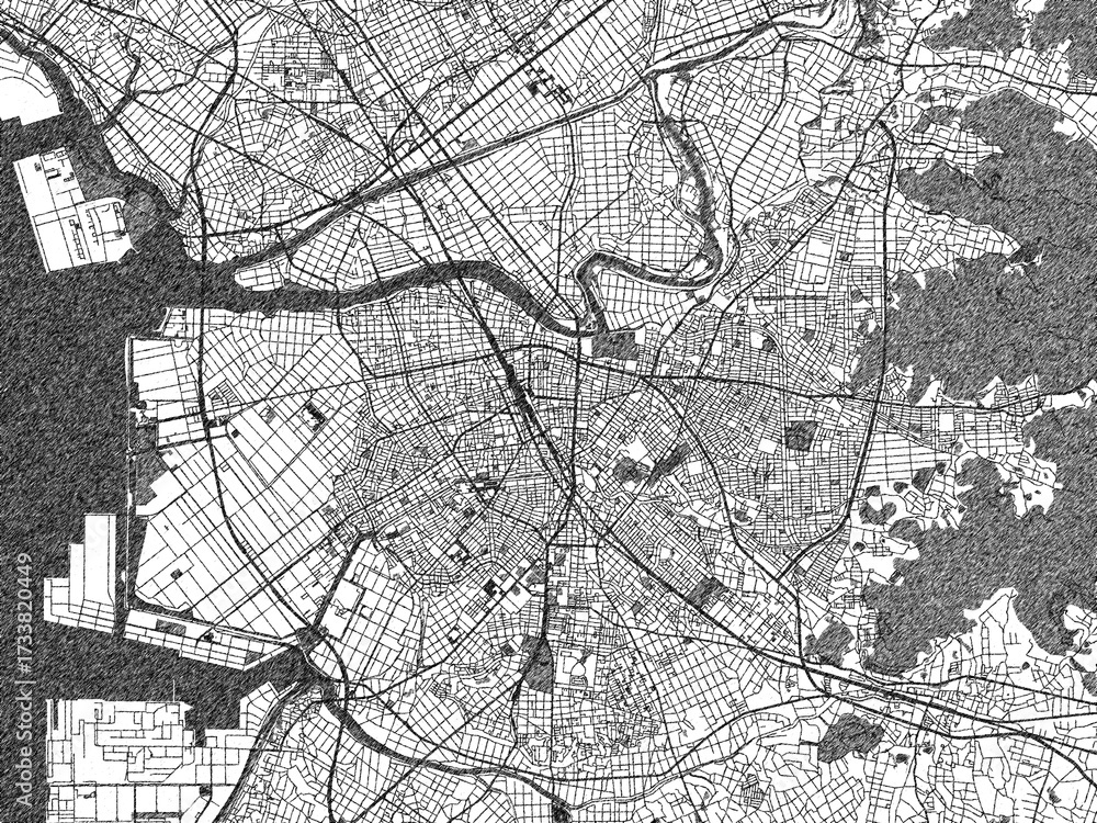 Fototapeta premium Monochrome sketch map of Toyohashi, Japan, ideal for posters, prints, and travel design.