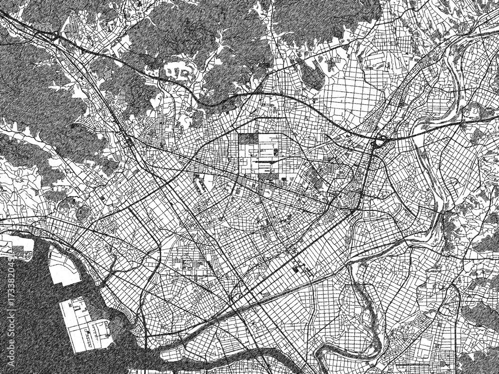 Naklejka premium Hand-drawn style black and white city map of Toyokawa, Japan, with detailed streets and textures.