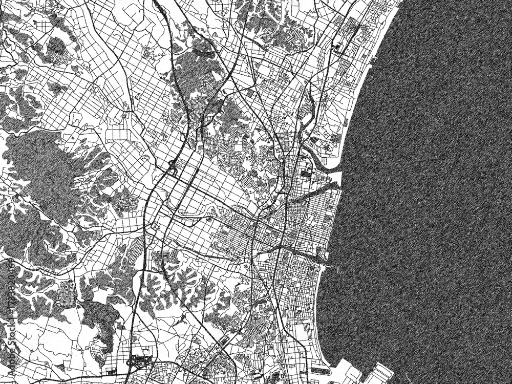 Naklejka premium Illustrated city map of Tsu, Japan, in black and white, showing roads and textures.