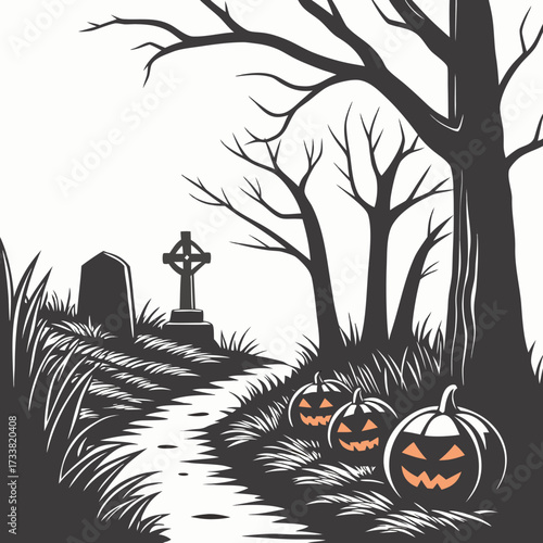 Halloween graveyard pathway with carved pumpkins and tombstones