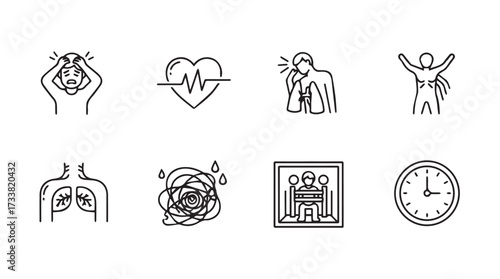 Collection of hand drawn icons representing stress anxiety health mental wellbeing and time management vector